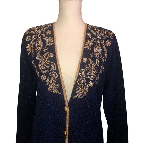 Vintage JACLYN SMITH Sz SP Women's Metallic Blue Gold Pearl Cardigan Sweater - Picture 3 of 7